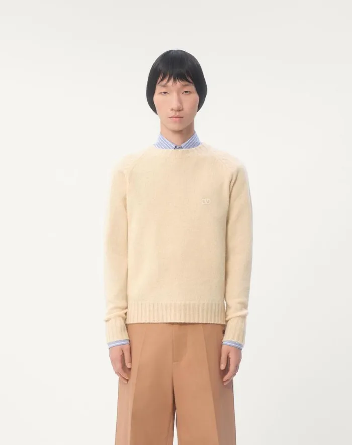 Valentino Knitwear Man Shetland Wool Crewneck Sweater With Vlogo Embroidery For Man In Butter Butter