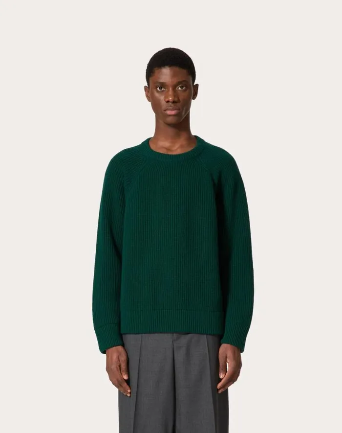Valentino Knitwear Man Wool Crewneck Sweater For Man In Dark Green Dark Green Valentino Knitwear Man Wool Crewneck Sweater For Man In Dark Green Dark Green