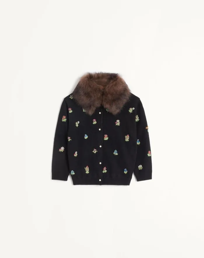 Valentino Knitwear Woman Embroidered Wool Cardigan For Woman In Black Black