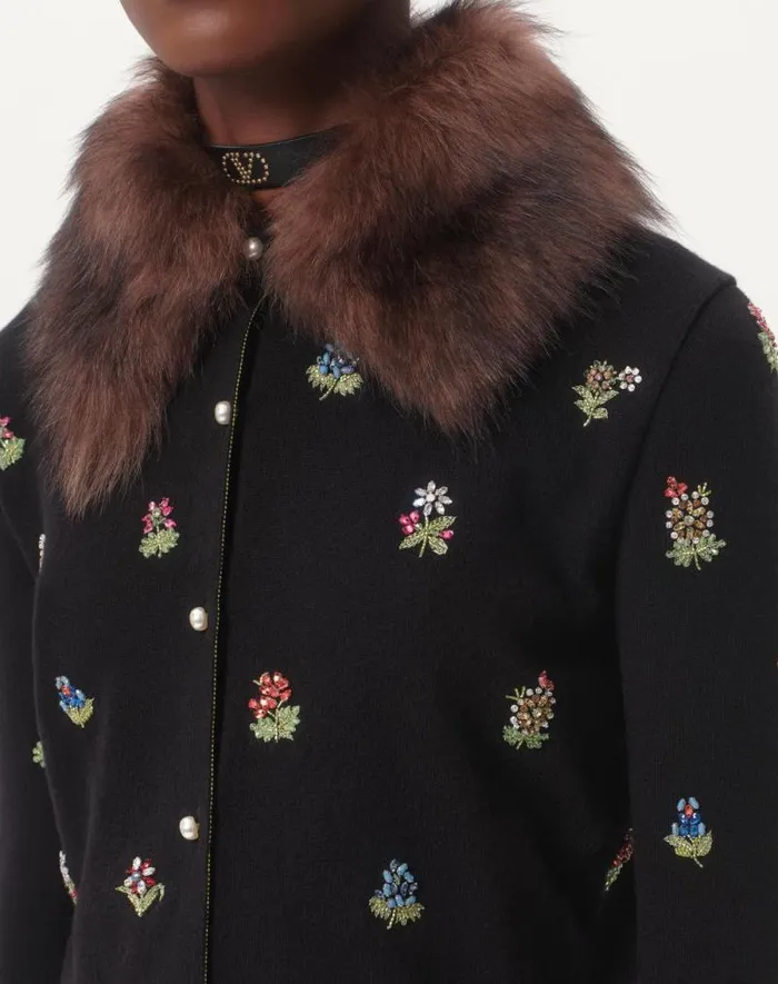 Valentino Knitwear Woman Embroidered Wool Cardigan For Woman In Black Black