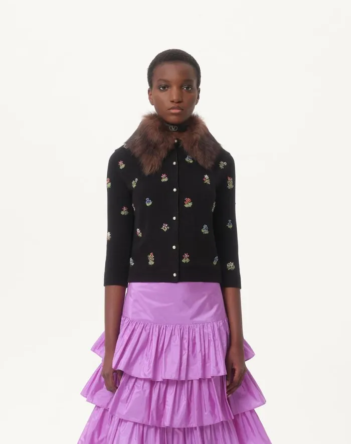 Valentino Knitwear Woman Embroidered Wool Cardigan For Woman In Black Black