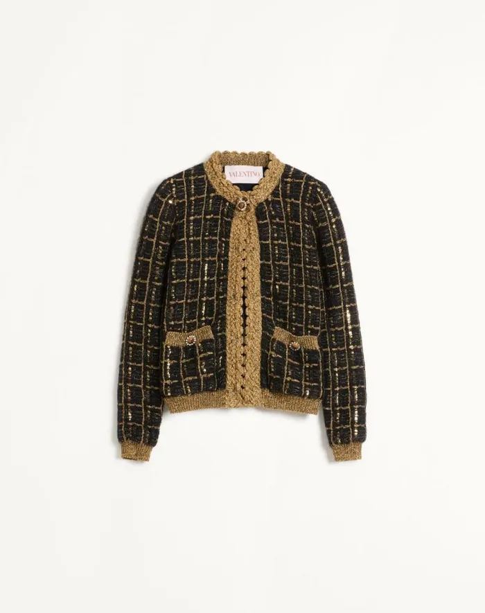 Valentino Knitwear Woman Mohair And Sequin Knit Jacket For Woman In Blackgold Blackgold Valentino Knitwear Woman Mohair And Sequin Knit Jacket For Woman In Blackgold Blackgold