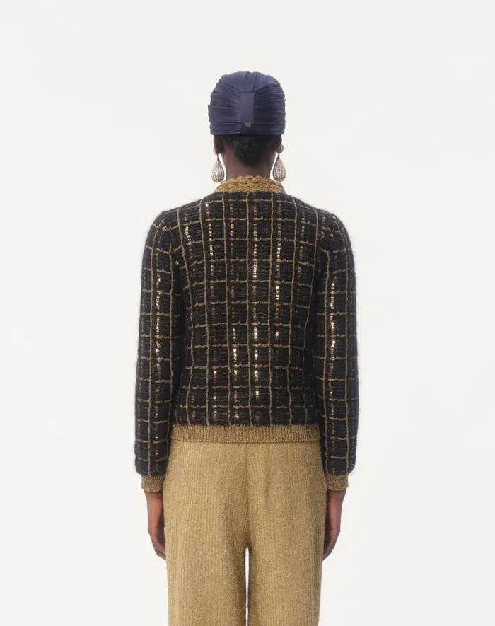 Valentino Knitwear Woman Mohair And Sequin Knit Jacket For Woman In Blackgold Blackgold Valentino Knitwear Woman Mohair And Sequin Knit Jacket For Woman In Blackgold Blackgold