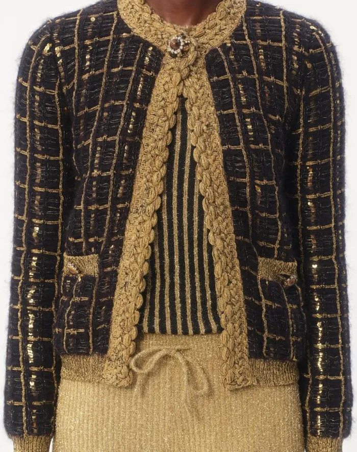 Valentino Knitwear Woman Mohair And Sequin Knit Jacket For Woman In Blackgold Blackgold Valentino Knitwear Woman Mohair And Sequin Knit Jacket For Woman In Blackgold Blackgold
