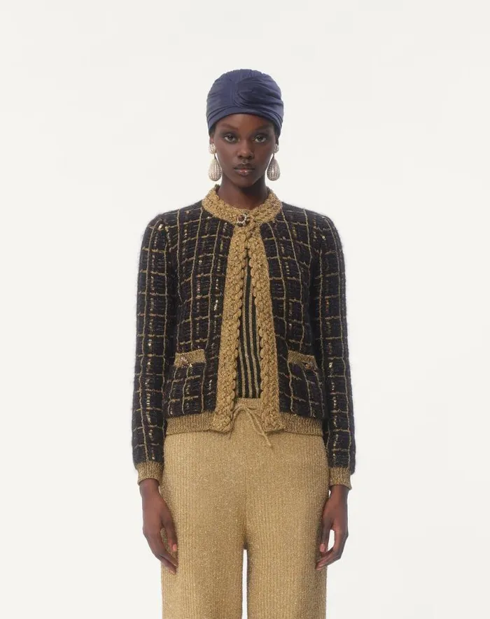 Valentino Knitwear Woman Mohair And Sequin Knit Jacket For Woman In Blackgold Blackgold Valentino Knitwear Woman Mohair And Sequin Knit Jacket For Woman In Blackgold Blackgold