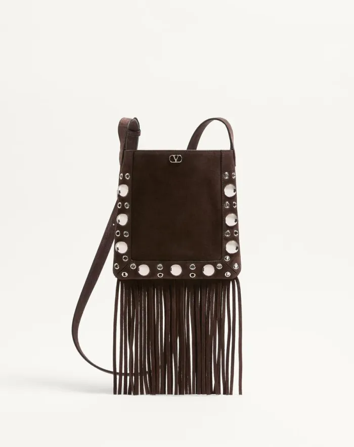 Valentino Mini Bags Woman Valentino Garavani Nellcte Small Shoulder Bag In Suede With Fringes For Woman In Testa Di Moro Testa Di Moro
