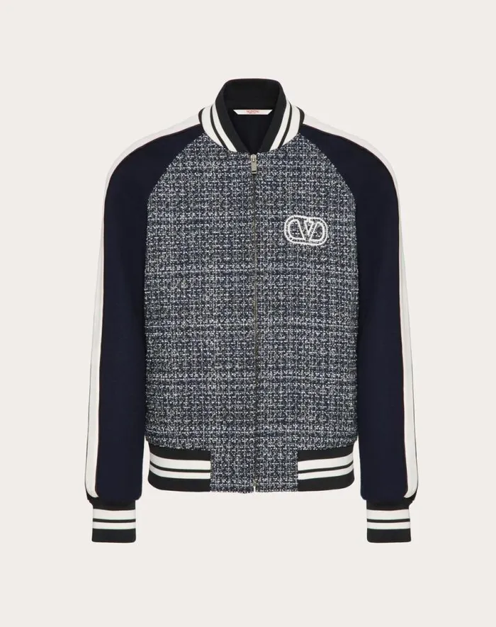 Valentino Outerwear Man Cotton And Viscose Tweed Bomber Jacket With Vlogo Signature Patch For Man In Whitenavy Whitenavy