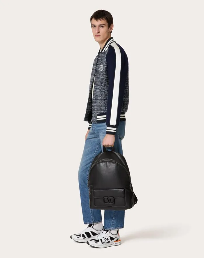 Valentino Outerwear Man Cotton And Viscose Tweed Bomber Jacket With Vlogo Signature Patch For Man In Whitenavy Whitenavy Valentino Outerwear Man Cotton And Viscose Tweed Bomber Jacket With Vlogo Signature Patch For Man In Whitenavy Whitenavy