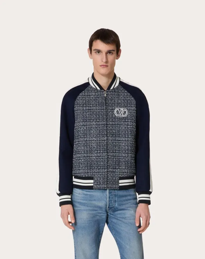 Valentino Outerwear Man Cotton And Viscose Tweed Bomber Jacket With Vlogo Signature Patch For Man In Whitenavy Whitenavy Valentino Outerwear Man Cotton And Viscose Tweed Bomber Jacket With Vlogo Signature Patch For Man In Whitenavy Whitenavy