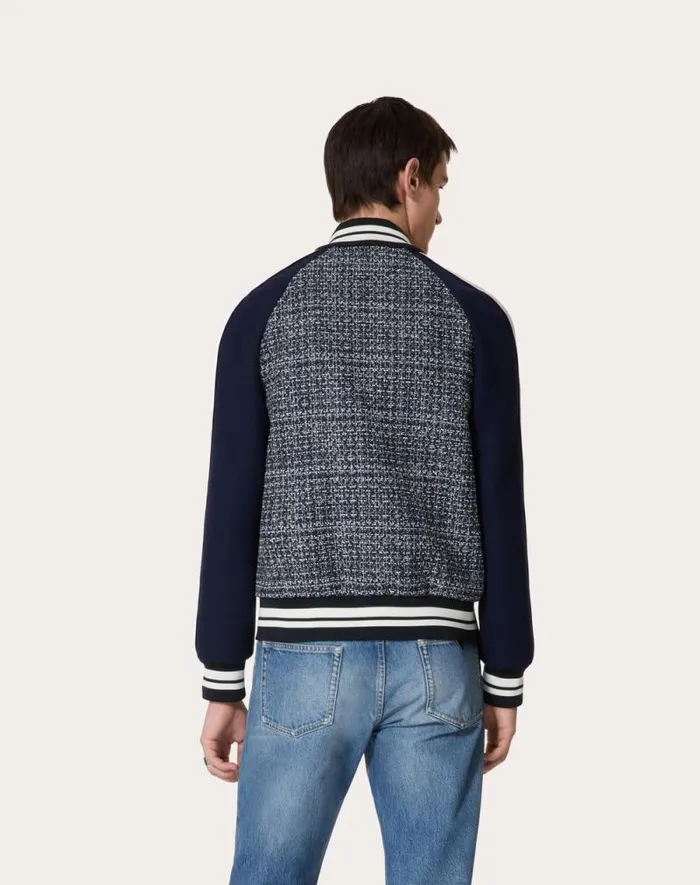 Valentino Outerwear Man Cotton And Viscose Tweed Bomber Jacket With Vlogo Signature Patch For Man In Whitenavy Whitenavy Valentino Outerwear Man Cotton And Viscose Tweed Bomber Jacket With Vlogo Signature Patch For Man In Whitenavy Whitenavy