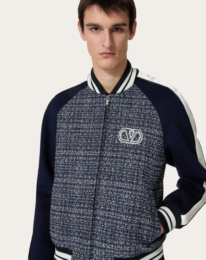 Valentino Outerwear Man Cotton And Viscose Tweed Bomber Jacket With Vlogo Signature Patch For Man In Whitenavy Whitenavy Valentino Outerwear Man Cotton And Viscose Tweed Bomber Jacket With Vlogo Signature Patch For Man In Whitenavy Whitenavy