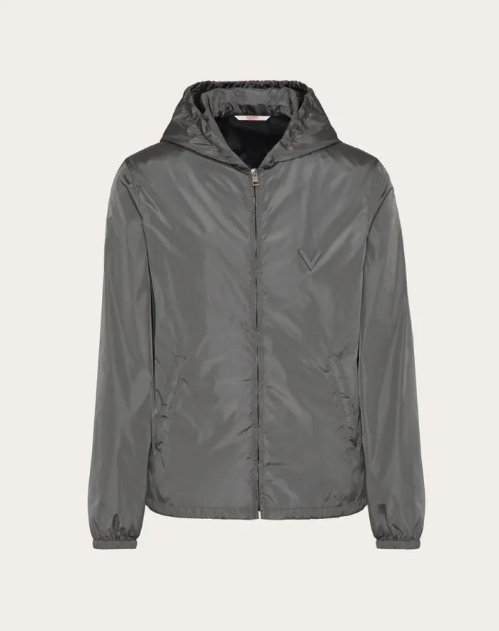 Valentino Outerwear Man Nylon Hooded Windbreaker With Metallic V Detail For Man In Grey Grey