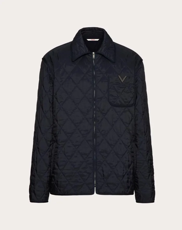 Valentino Outerwear Man Quilted Nylon Shirt Jacket With Metallic V Detail For Man In Navy Navy