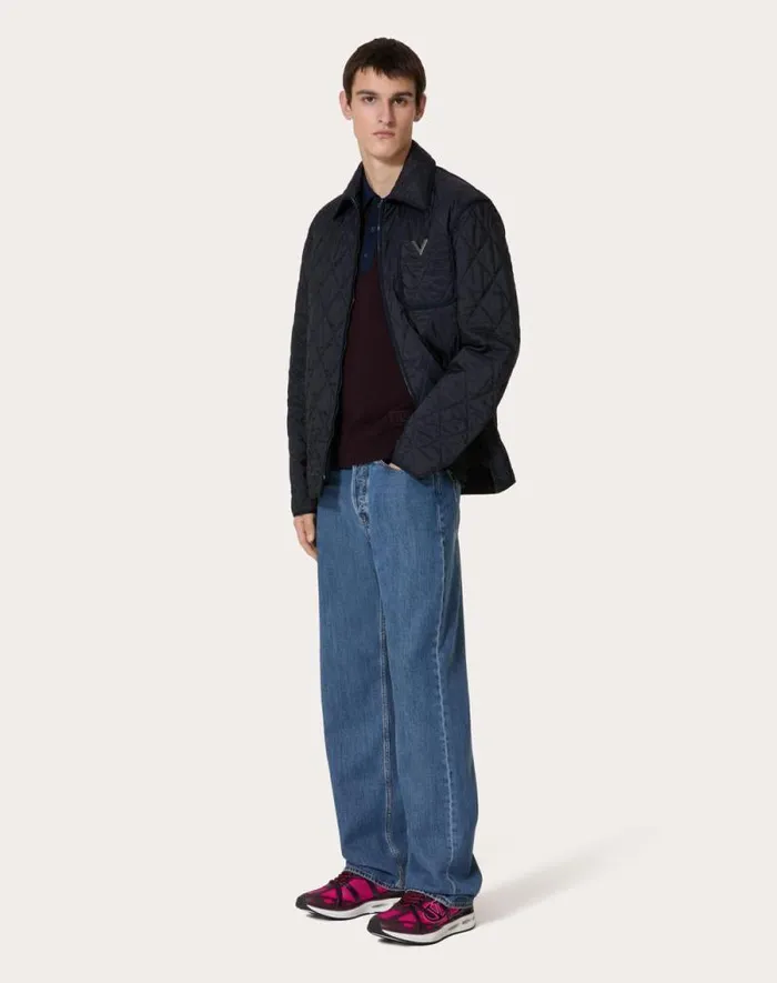 Valentino Outerwear Man Quilted Nylon Shirt Jacket With Metallic V Detail For Man In Navy Navy