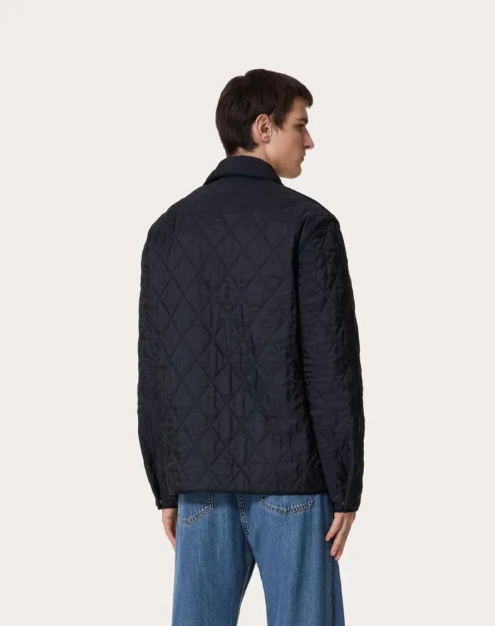 Valentino Outerwear Man Quilted Nylon Shirt Jacket With Metallic V Detail For Man In Navy Navy