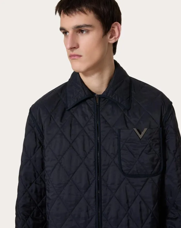 Valentino Outerwear Man Quilted Nylon Shirt Jacket With Metallic V Detail For Man In Navy Navy