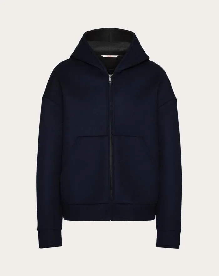Valentino Outerwear Man Wool And Cashmere Hooded Sweatshirt For Man In Navy Navy