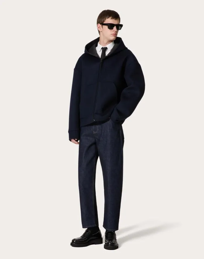 Valentino Outerwear Man Wool And Cashmere Hooded Sweatshirt For Man In Navy Navy