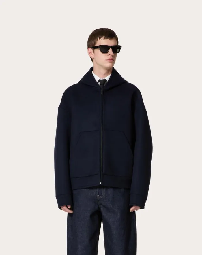 Valentino Outerwear Man Wool And Cashmere Hooded Sweatshirt For Man In Navy Navy