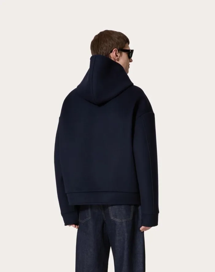 Valentino Outerwear Man Wool And Cashmere Hooded Sweatshirt For Man In Navy Navy