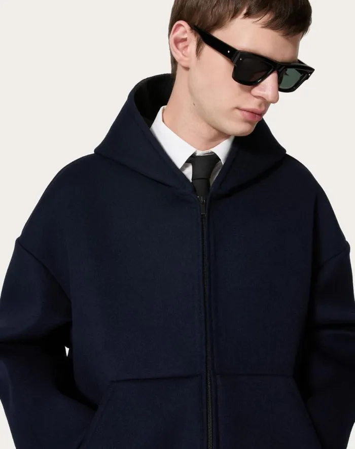 Valentino Outerwear Man Wool And Cashmere Hooded Sweatshirt For Man In Navy Navy