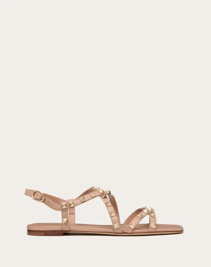 Valentino Sandals Woman Calfskin Rockstud Sandal With Straps For Woman In Light Ivory Light Ivory