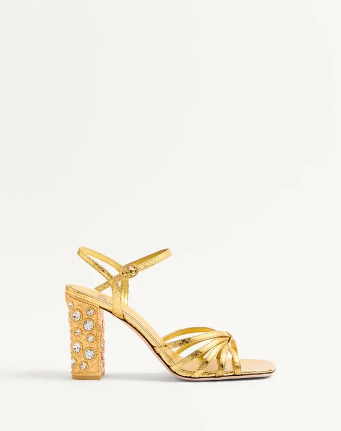 Valentino Sandals Woman Preshoes Sandal In Laminated Ayers With Crystals 90mm For Woman In Goldcrystal Goldcrystal