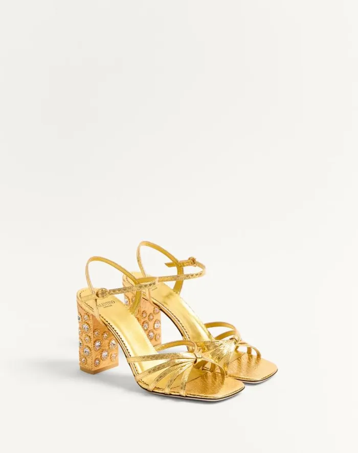 Valentino Sandals Woman Preshoes Sandal In Laminated Ayers With Crystals 90mm For Woman In Goldcrystal Goldcrystal