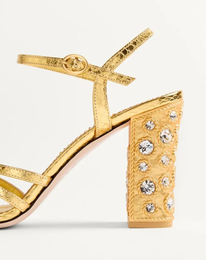 Valentino Sandals Woman Preshoes Sandal In Laminated Ayers With Crystals 90mm For Woman In Goldcrystal Goldcrystal