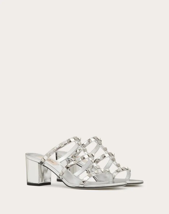 Valentino Sandals Woman Rockstud Mirroreffect Slide Sandal 60mm For Woman In Silver Silver Valentino Sandals Woman Rockstud Mirroreffect Slide Sandal 60mm For Woman In Silver Silver
