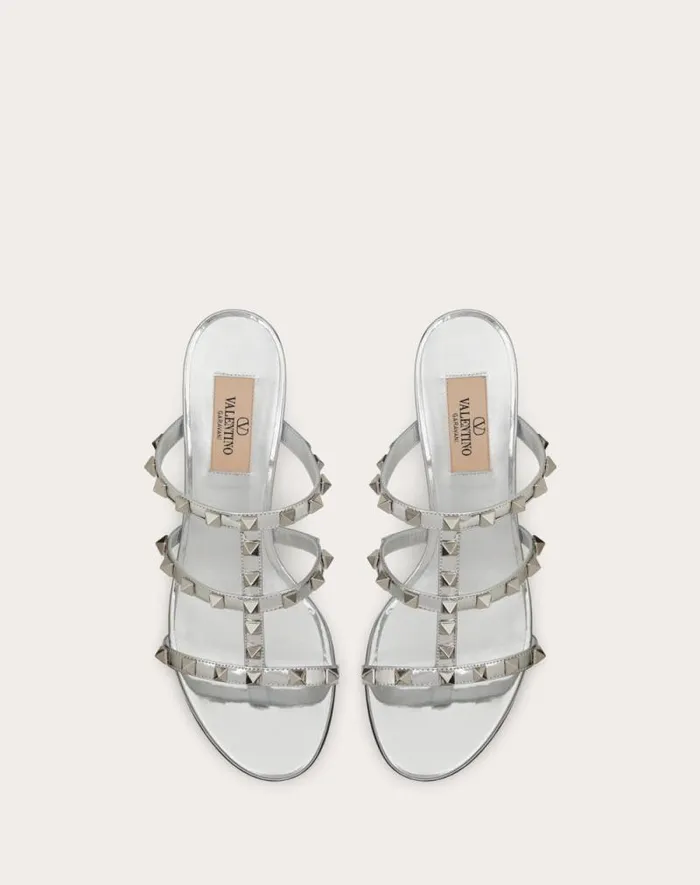 Valentino Sandals Woman Rockstud Mirroreffect Slide Sandal 60mm For Woman In Silver Silver Valentino Sandals Woman Rockstud Mirroreffect Slide Sandal 60mm For Woman In Silver Silver