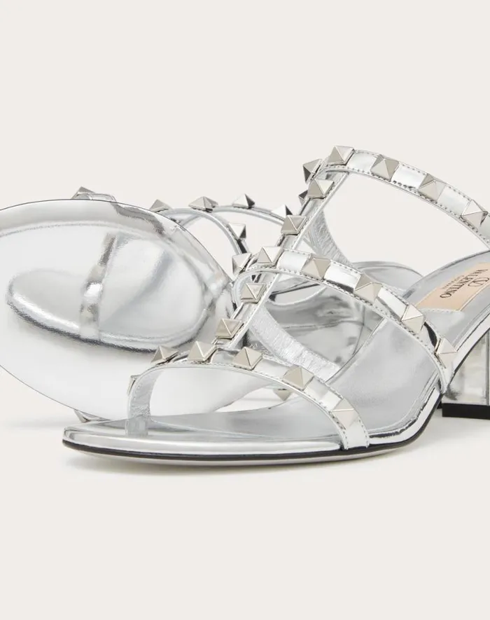 Valentino Sandals Woman Rockstud Mirroreffect Slide Sandal 60mm For Woman In Silver Silver Valentino Sandals Woman Rockstud Mirroreffect Slide Sandal 60mm For Woman In Silver Silver