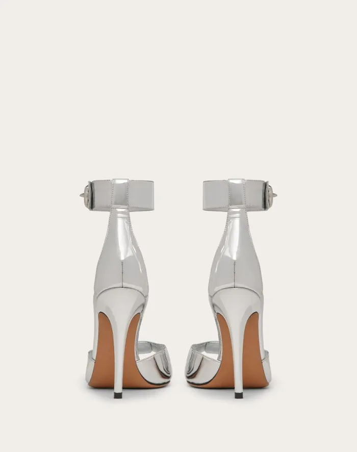 Valentino Sandals Woman Vlogo Locker Sandal In Mirrored Calfskin 105mm For Woman In Silver Silver