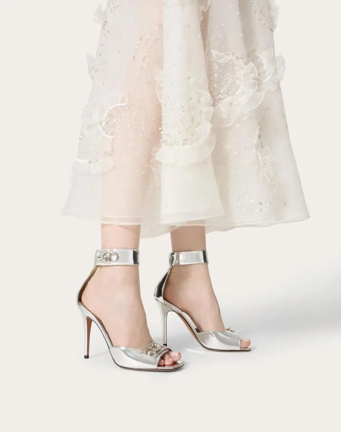 Valentino Sandals Woman Vlogo Locker Sandal In Mirrored Calfskin 105mm For Woman In Silver Silver