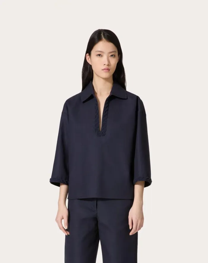Valentino Shirts And Tops Woman Embroidered Light Double Splittable Gabardine Top For Woman In Navy Navy Valentino Shirts And Tops Woman Embroidered Light Double Splittable Gabardine Top For Woman In Navy Navy