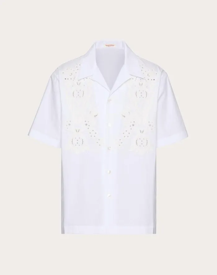 Valentino Shirts Man Bowling Shirt In Cotton Poplin With Pomegranate Embroidery For Man In White White Valentino Shirts Man Bowling Shirt In Cotton Poplin With Pomegranate Embroidery For Man In White White