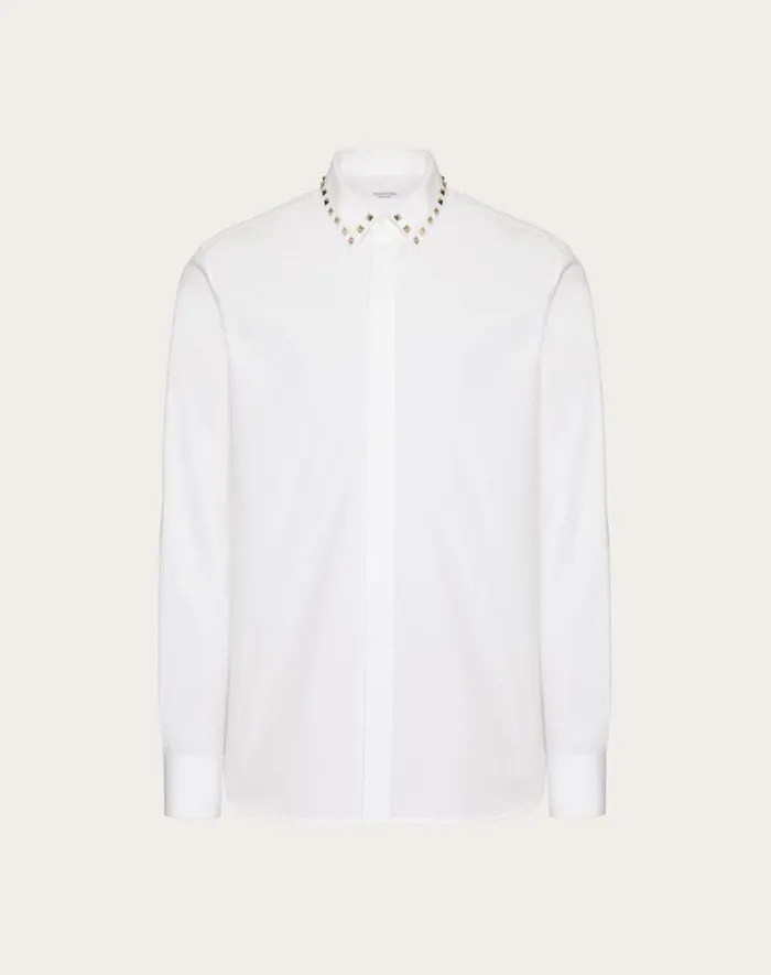 Valentino Shirts Man Long Sleeve Cotton Shirt With Black Untitled Studs On Collar For Man In White White Valentino Shirts Man Long Sleeve Cotton Shirt With Black Untitled Studs On Collar For Man In White White