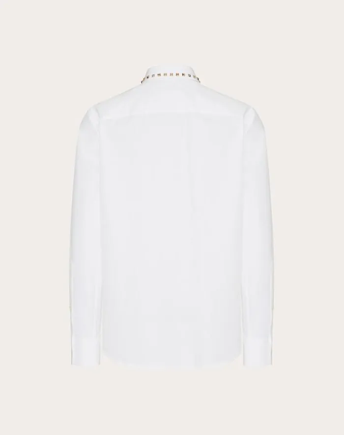 Valentino Shirts Man Long Sleeve Cotton Shirt With Black Untitled Studs On Collar For Man In White White