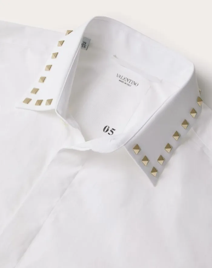 Valentino Shirts Man Long Sleeve Cotton Shirt With Black Untitled Studs On Collar For Man In White White