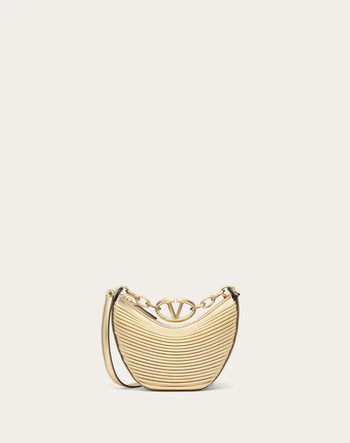 Valentino Shoulder Bags Woman Mini Vlogo Moon Hobo Bag In Metalliceffect Nappa Leather With Chain For Woman In Gold Gold
