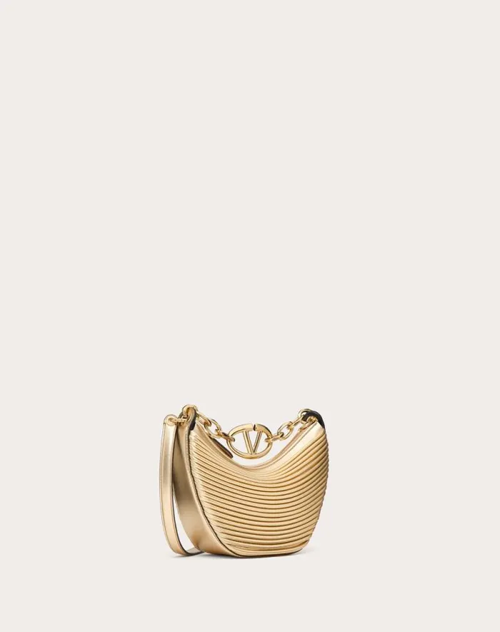 Valentino Shoulder Bags Woman Mini Vlogo Moon Hobo Bag In Metalliceffect Nappa Leather With Chain For Woman In Gold Gold