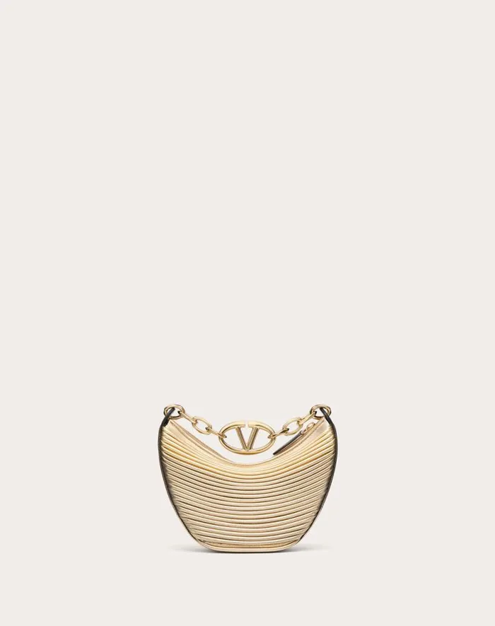 Valentino Shoulder Bags Woman Mini Vlogo Moon Hobo Bag In Metalliceffect Nappa Leather With Chain For Woman In Gold Gold