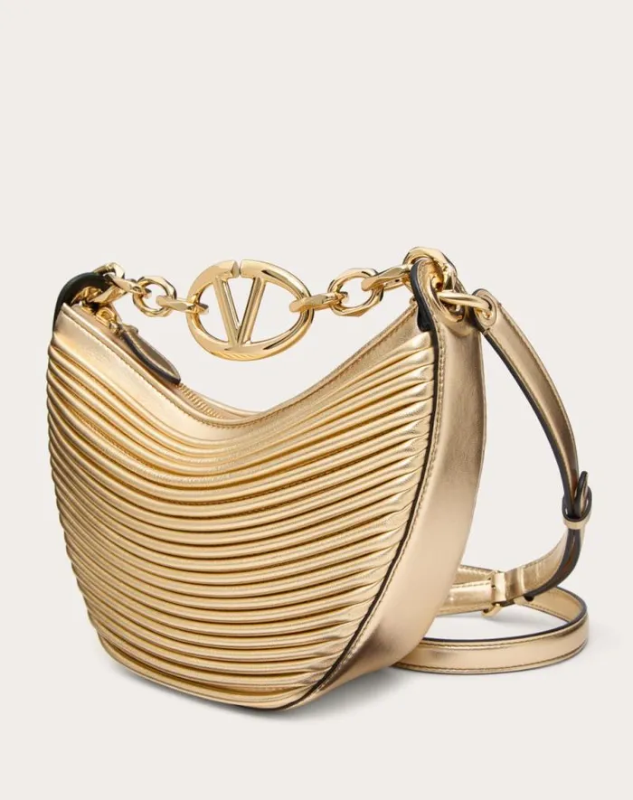 Valentino Shoulder Bags Woman Mini Vlogo Moon Hobo Bag In Metalliceffect Nappa Leather With Chain For Woman In Gold Gold