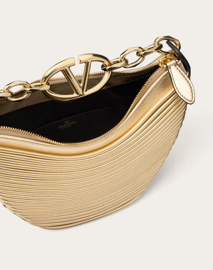 Valentino Shoulder Bags Woman Mini Vlogo Moon Hobo Bag In Metalliceffect Nappa Leather With Chain For Woman In Gold Gold