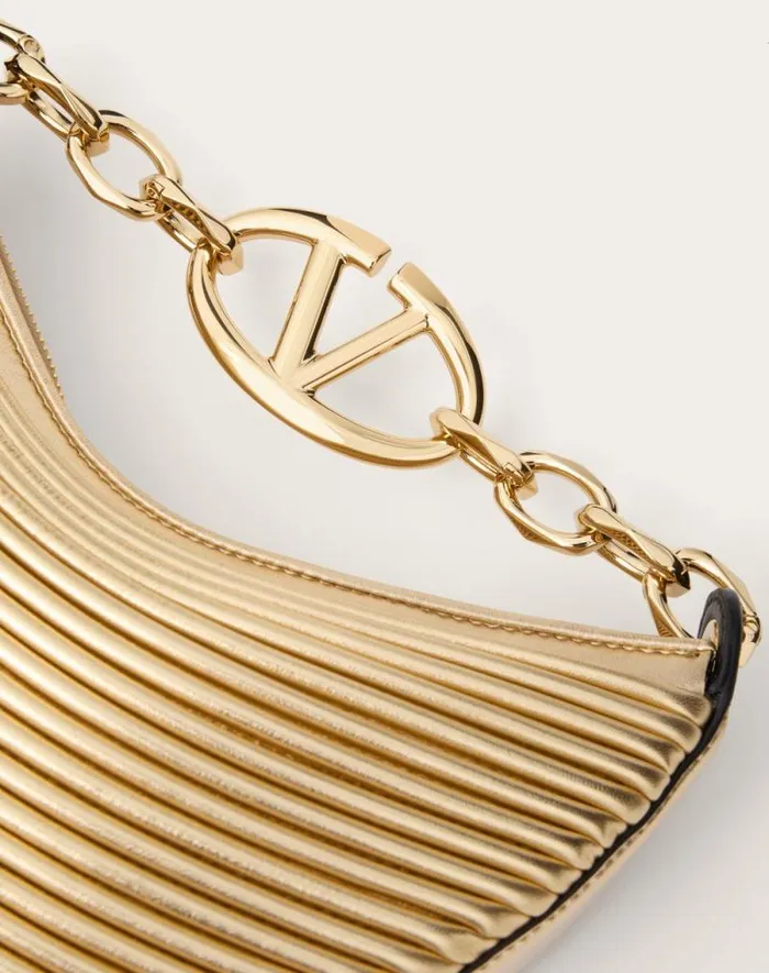 Valentino Shoulder Bags Woman Mini Vlogo Moon Hobo Bag In Metalliceffect Nappa Leather With Chain For Woman In Gold Gold