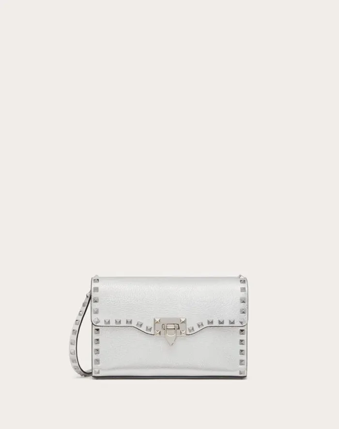 Valentino Shoulder Bags Woman Small Rockstud Grainy Metallic Calfskin Crossbody Bag For Woman In Silver Silver