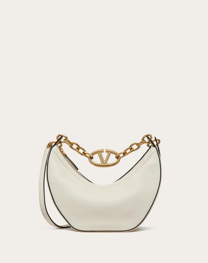Valentino Shoulder Bags Woman Small Vlogo Moon Hobo Bag In Grainy Calfskin With Chain For Woman In Ivory Ivory