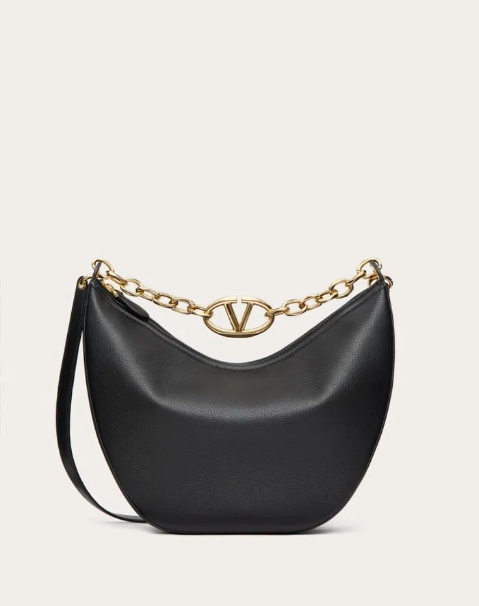 Valentino Shoulder Bags Woman Vlogo Moon Medium Grainy Calfskin Hobo Bag With Chain For Woman In Dark Red Dark Red