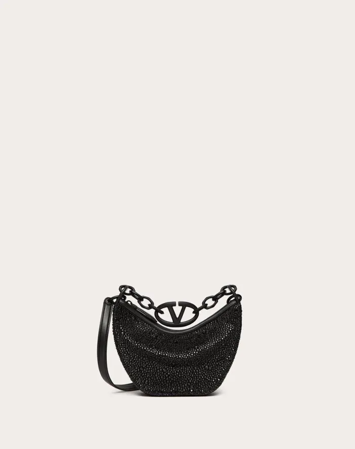 Valentino Shoulder Bags Woman Vlogo Moon Mini Hobo Bag With Rhinestones For Woman In Black Black