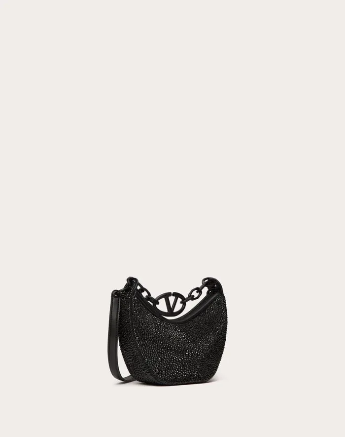 Valentino Shoulder Bags Woman Vlogo Moon Mini Hobo Bag With Rhinestones For Woman In Black Black